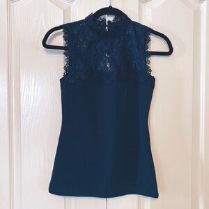 Woman’s Sleeveless Top With Lace Trim innDark Blue and Golden Buttons Size XS